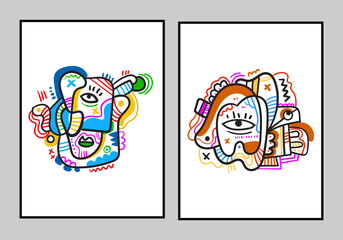 illustration of a poster featuring an abstract face mascot in a contemporary cubism style for interior wall decoration.