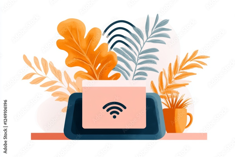 Poster a flat, modern design of a printer icon with a wi-fi signal, representing wireless printing