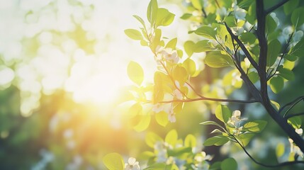 Springtime Forest with the Setting Sun Shining Through the Trees