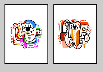 illustration of a poster featuring an abstract face mascot in a contemporary cubism style for interior wall decoration.