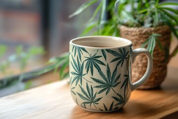 Ceramic mug adorned with cannabis leaves on a rustic wooden surface