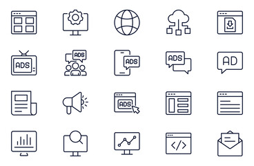 Marketing and Seo line web icons set. Digital marketing. Containing seo, content, website, social media. Editable stroke.