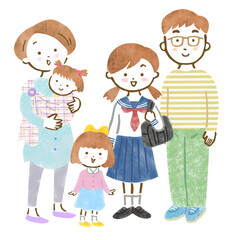 3姉妹の子供と両親の5人家族の全身手描きイラスト