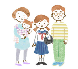 年の離れた姉妹と両親の4人家族の手描きイラスト