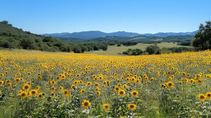 A scenic view of a sunflower field in full bloom under a clear blue sky