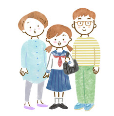 セーラー服を着た中学生と両親の3人家族の手描きイラスト
