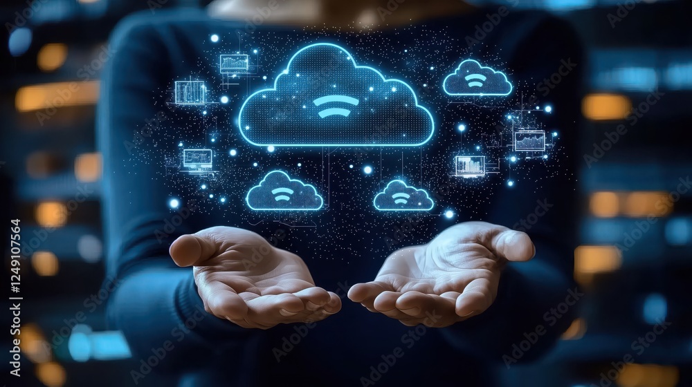 Poster hands holding conceptual image of cloud technology with data transfer symbol and digital elements in