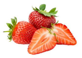 Two strawberries fruit with two halves in small heap or pile isolated on white background generated with AI