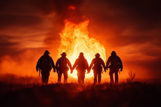 A group of firefighters working together to put out a raging fire, demonstrating unity