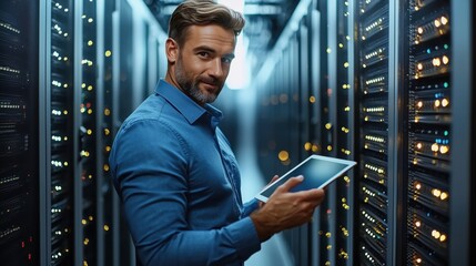 Professional male IT technician in modern data center holding tablet while analyzing server performance and network connectivity in dimly lit environment