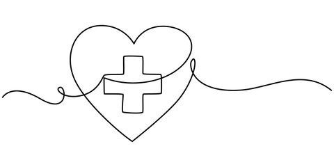Continuous Line Drawing of Healthcare Icon. Hand Drawn Symbol Vector Illustration, Hand drawn doodle heart. Stroke is editable so you can make it thiner or thicker. Continuous seamless line art draw. 