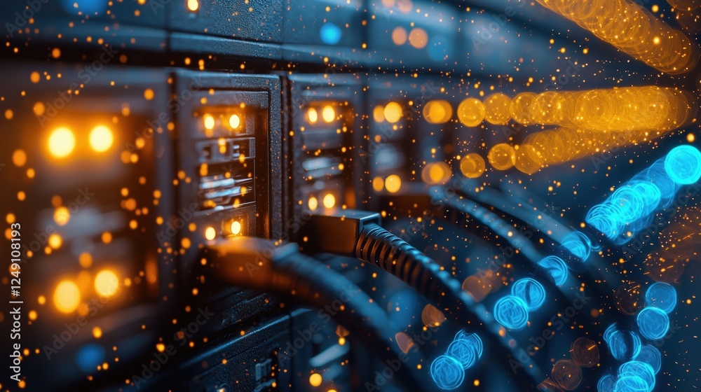 Poster close-up view of network cables and led lights in data center with bokeh effect and glowing particle