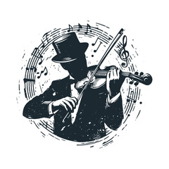 Man in hat playing violin. Black white vector illustration.