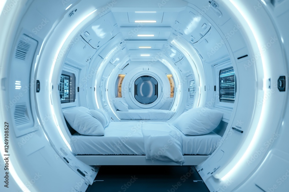 Poster A high-tech futuristic experiment conducted in a zero-gravity space station, with floating lab equipment