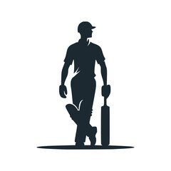 Baseball player standing with legs crossed. Black white vector illustration.