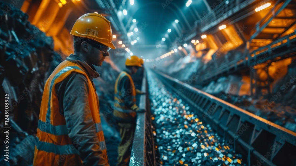 Aufkleber safety gear clad workers observe the operation of conveyor belts transporting coal within an undergr