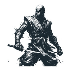 One with a samurai sword in his hand. Black white vector illustration.