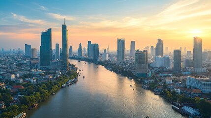 Panoramic sunset view of a city skyline with a river flowing through it.