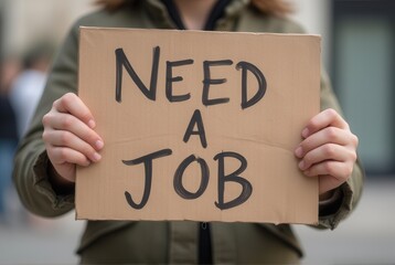 A person holds a cardboard sign that says "Need a Job," expressing a plea for employment in a public setting.
