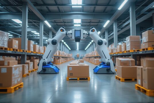 A modern warehouse featuring robotic arms managing packages on pallets, highlighting automation in logistics.