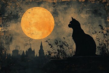 vintage halloween night scene with black cat silhouette against full moon and victorian gothic manor background