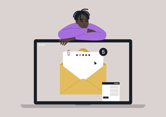 A thoughtful character relaxes against a laptop, gazing at the screen that shows a notification of new emails waiting for attention, blending modern technology and contemplation