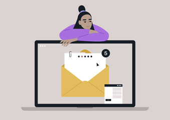A thoughtful character relaxes against a laptop, gazing at the screen that shows a notification of new emails waiting for attention, blending modern technology and contemplation