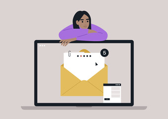 A thoughtful character relaxes against a laptop, gazing at the screen that shows a notification of new emails waiting for attention, blending modern technology and contemplation
