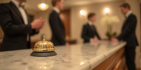 A polished hotel reception area featuring a gold bell, with staff in formal attire attending to guests in a blurred background.