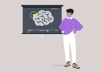 In a dynamic educational atmosphere, a neuroscientist discusses brain structure and function, showcasing research findings on a vivid presentation screen that captivates the audience