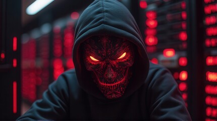 A masked figure with glowing eyes sits in a dimly lit server room, exuding a menacing vibe amid red lighting and technology.