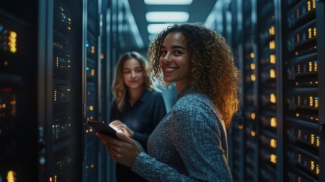 Diverse female professionals working in modern data center, analyzing information, using technology, smiling, teamwork, focused on tasks in server room environment