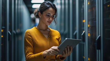 Young woman wearing a yellow cardigan using a tablet in a modern data center surrounded by server racks and illuminated technology in a professional setting