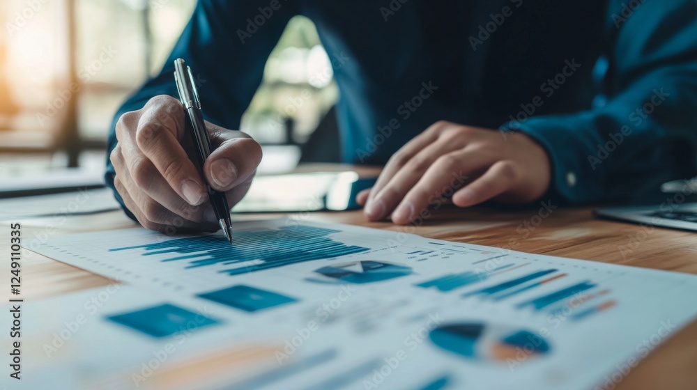 Fototapete a person analyzes business charts and graphs while taking notes on a document, demonstrating focus a