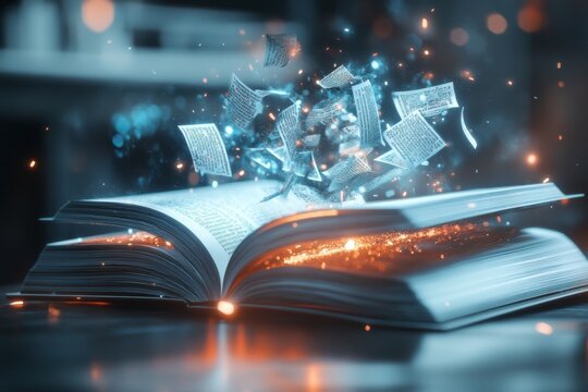 A magical floating dictionary that glows as words rearrange themselves on the pages, revealing hidden meanings