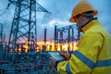 Engineer in Yellow Jacket and Hard Hat Using Tablet at Dusk in an Industrial Setting with Power Lines and Electric Equipment