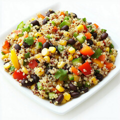 Colorful quinoa salad with fresh vegetables and black beans served in a white bowl