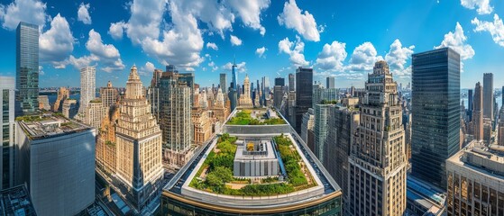 Panoramic view of a city with skyscrapers and a rooftop garden under a blue sky with fluffy clouds.