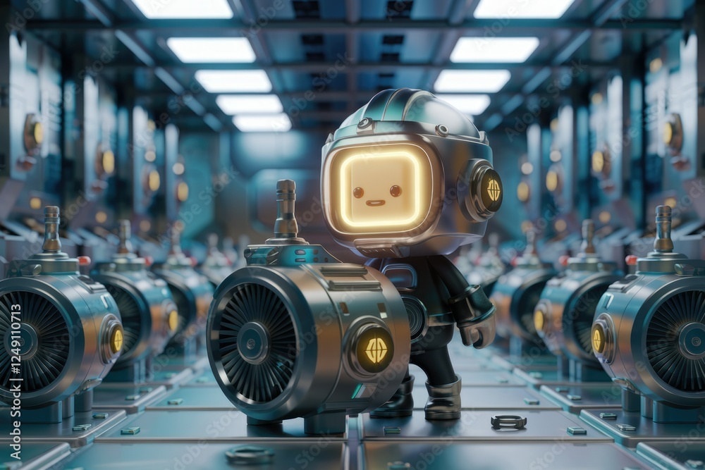 Poster a cute robot in a futuristic factory setting, standing proudly beside a large machine.