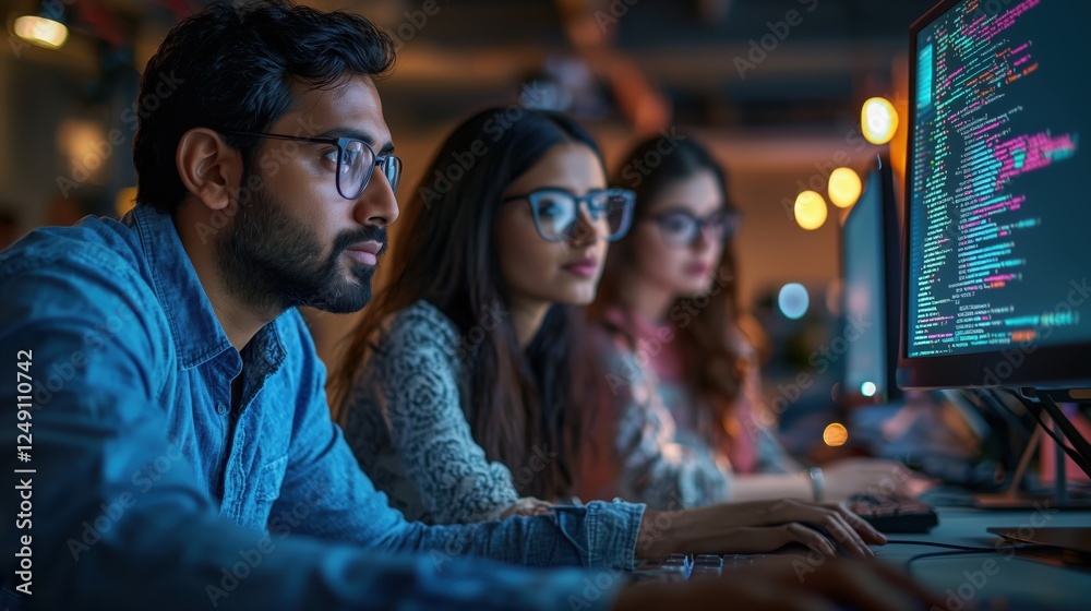 Poster focused professionals engaged in coding and programming activities in a modern office environment wi