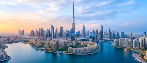 Naklejka premium Panoramic view of a modern city skyline at sunrise, featuring skyscrapers and a waterfront.