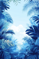 Lush blue tropical foliage against serene sky creates calming atmosphere