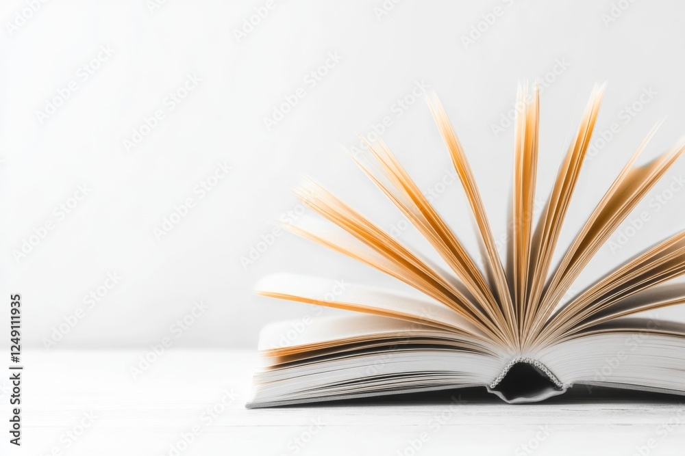 Poster a monochrome minimalist illustration of an open book with floating pages, representing education