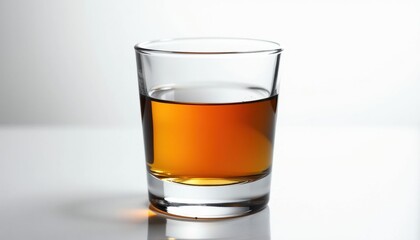Glass of Amber Liquid on White Tabletop  Whiskey Snapshot