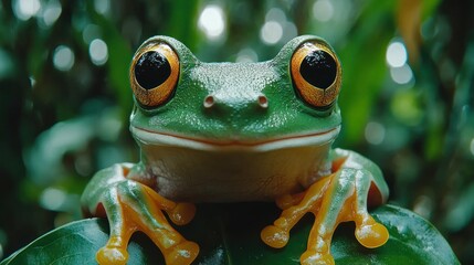 Fototapeta premium Green tree frog posing on leaf, jungle background, nature photography