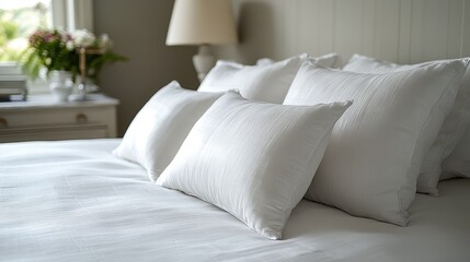 Luxurious white pillows on bed, bedroom interior, calm background, home decor