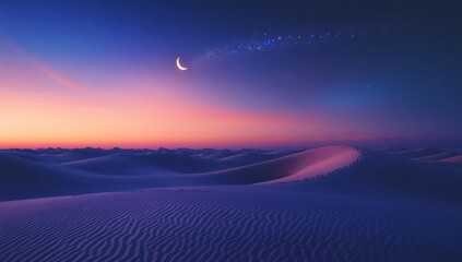 Crescent moon over purple desert dunes at sunset.