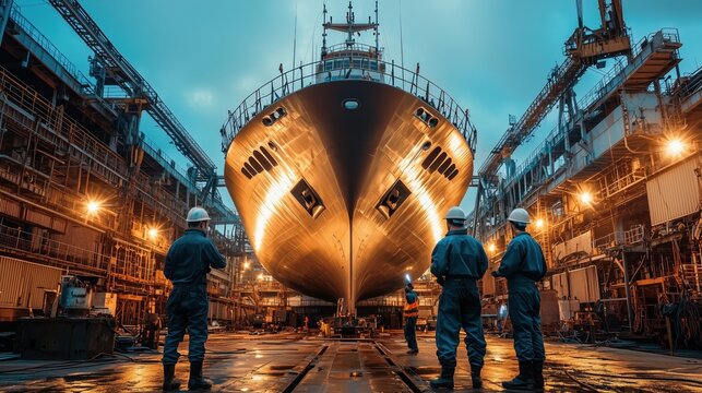 Ship Under Construction in Shipyard at Dusk with Workers and Illuminated Surroundings, Maritime Industry Development Scene