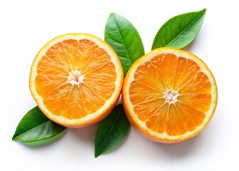 Minimalist Orange Halves with Leaves - Isolated White Background Stock Photo