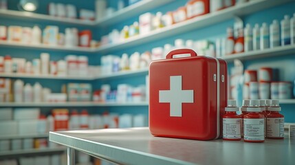 Red First Aid Kit on Table with Shelves of Medicine and Supplies in Background, Focusing on Safety and Health Preparedness